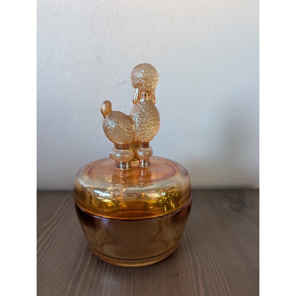 Vintage Jeannette Glass Marigold Iridescent Glass Poodle Trinket Box Candy Dish - Picture 3 of 9